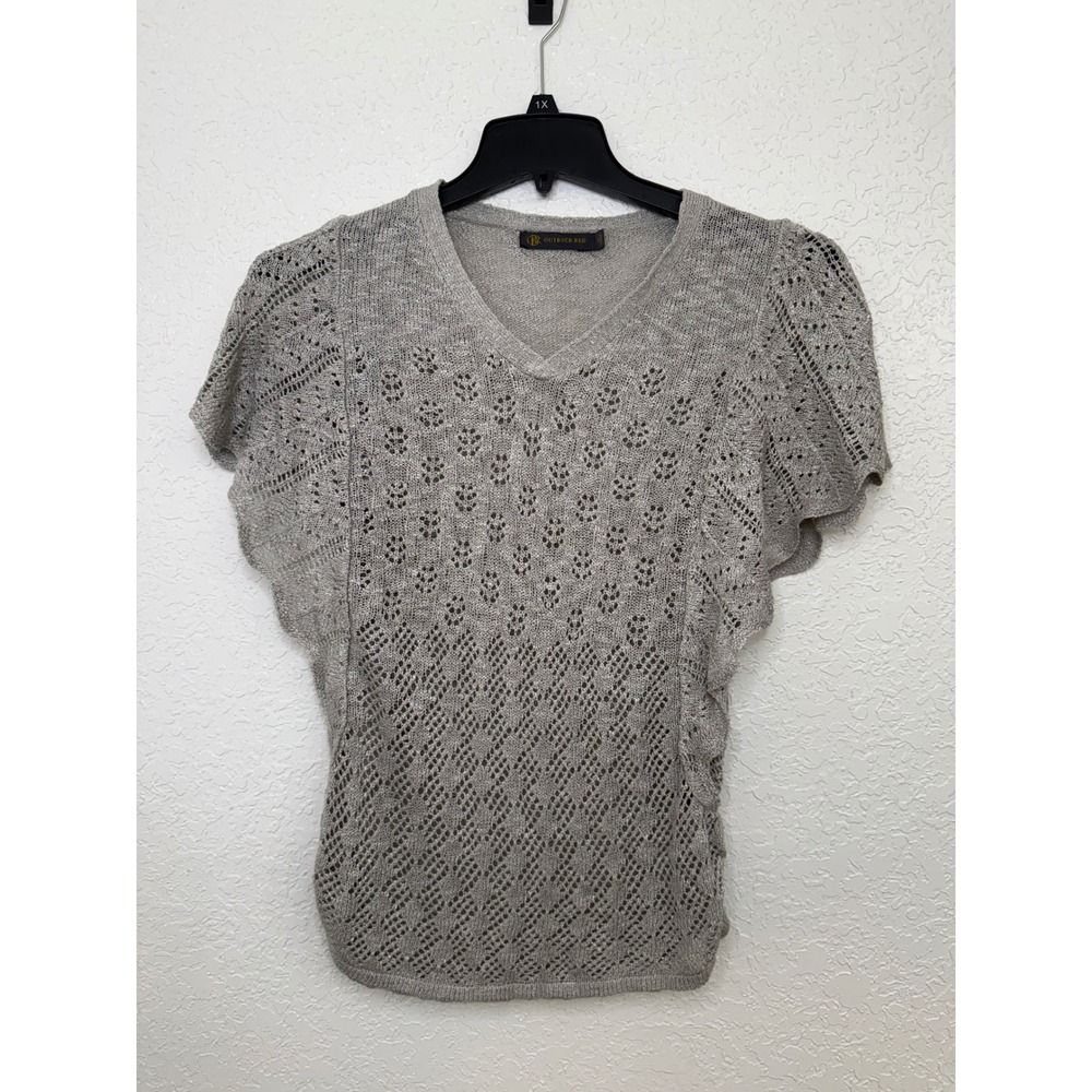Outback Red Women's Grey Short Sleeve V Neck Crochet Knit Sweater‎ Top Size S